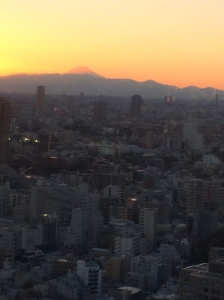 Mt. Fuji in the background and the city at sunset.